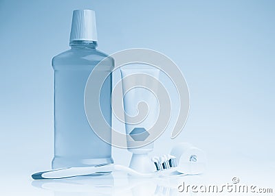 Oral care kit. Blue Toning. Concept Dental healty Stock Photo