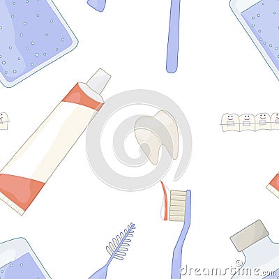 Oral health with braces. Crooked teeth are straight. Seamless pattern background. Recommendations orthodontist. Orthodontics vecto Vector Illustration