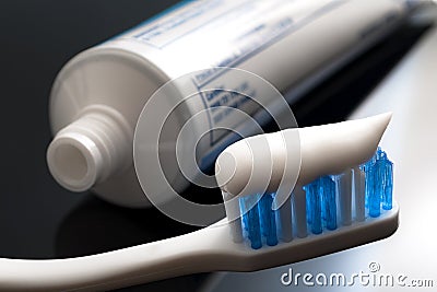 Oral health and dental hygiene concept with a toothbrush covered in toothpaste with the toothpaste tube in defocused in the Stock Photo