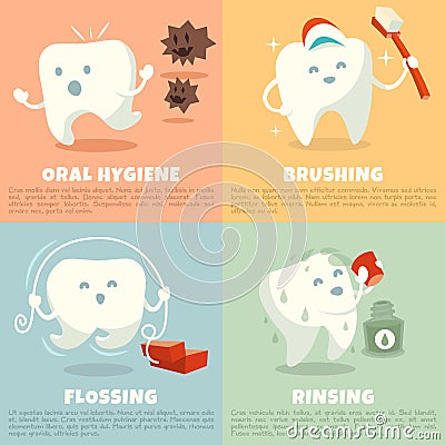 Oral hygiene banners with cute tooth. Brushing, flossing and rinsing Vector Illustration