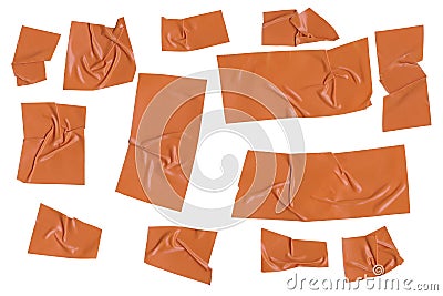 Orange adhesive plastic tape pieces on white background. Orange isolation scotch tape. Masking paper tape torn and Stock Photo