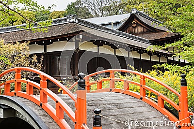 Orange arched bridge of Jshimogamo-jinja Stock Photo