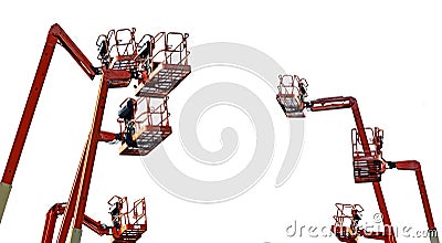 Orange articulated boom lift. Aerial platform lift. Telescopic boom lift isolated on white background. Mobile construction crane Stock Photo