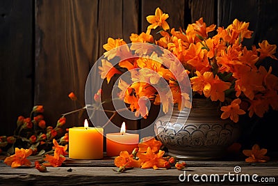 Orange autumnal flowers in vase and lit candle on wooden background Stock Photo