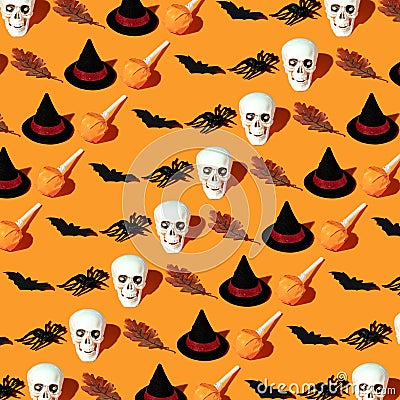 Orange background with collection of Halloween objects, Halloween pattern Stock Photo