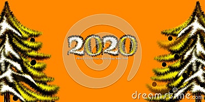 2020 orange background with fluffy numbers and christmas trees. New Year, Christmas, winter theme. Picture for the design of post Stock Photo