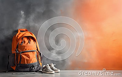 Orange backpack against grunge background. Created with generative Ai Stock Photo