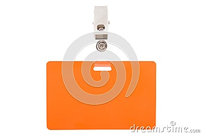 Orange badge with metal clip Stock Photo