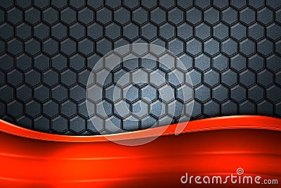 Orange banner on gray carbon fiber hexagon. Cartoon Illustration