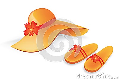 Orange beach hat and slippers Vector Illustration