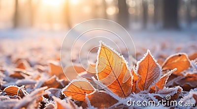 Orange beech leaves covered with frost in late fall or early winter Stock Photo