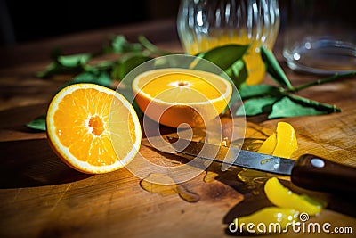 an orange being peeled, placed on a wooden table Stock Photo