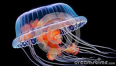 Orange bell jellyfish gracefully drifting in clear blue ocean waters, creating a mesmerizing sight Stock Photo