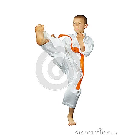 With orange belt boy beats kick mae-geri Stock Photo