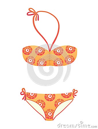 Orange bikini with ethnic patterns, summer swimwear for women. Beach fashion and vacation wardrobe vector illustration Vector Illustration