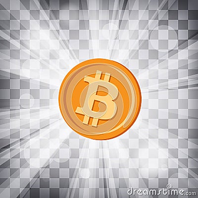 Orange bitcoin cryptocurrency in bright rays on chequered ba Vector Illustration