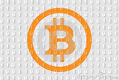 Orange bitcoin sign on gray binary code background Vector Illustration