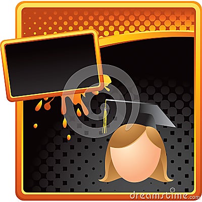 Orange and black ad with cartoon graduate girl Vector Illustration