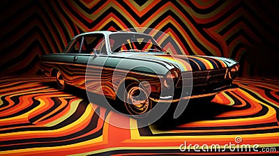 Colorful Striped Car Against Multi Colored Patterned Backdrop Stock Photo