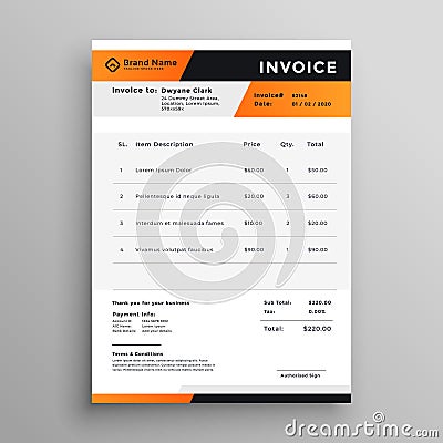 Orange and black professional invoice template Vector Illustration