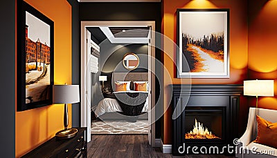 Orange and black themed modern hotel suite with fireplace. Interior design illustration. Generative AI. Cartoon Illustration