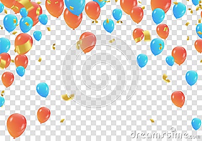 Orange and blue balloons and confetti party banner with and ser Vector Illustration