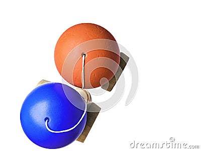 Orange and blue colorful Kendama japanese toys, isolated on white, competition concept Stock Photo