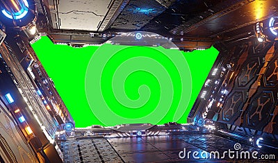 Orange and blue futuristic spaceship interior with green window 3d rendering Stock Photo