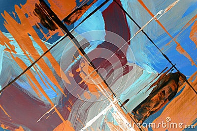 orange and blue lines on brown background details of the picture. Abstract art painting background. Paint texture Stock Photo