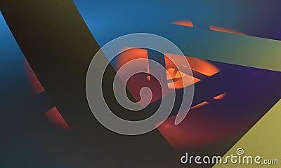 Orange blue multilayered 3d composition of glossy mirror shards exploding in deep dark space. Stock Photo