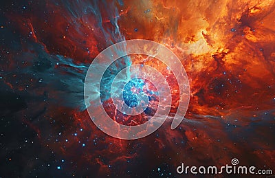 orange and blue nebula with a red star and red star Stock Photo