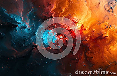 orange and blue nebula with a red star and red star Stock Photo