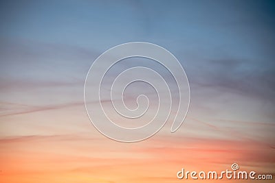 Orange and blue sky at beautiful sunset - Tranquility Concept Background - Travel vacation wallpaper - Meteorology full frame back Stock Photo