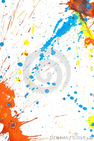 Orange, Blue and Yellow Acrylic Paint Splatters and Lines on White Background Stock Photo