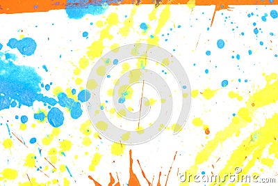 Orange, Blue and Yellow Acrylic Paint Splatters and Lines on White Background Stock Photo