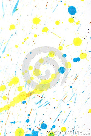 Orange, Blue and Yellow Acrylic Paint Splatters and Lines on White Background Stock Photo