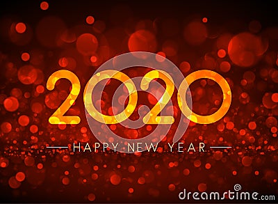 Orange bokeh 2020 Happy New Year greeting card. Vector Illustration