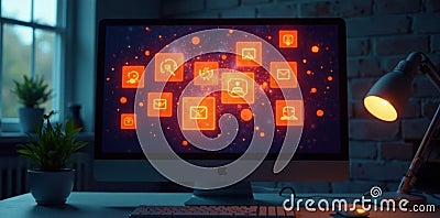 Orange-boxed icons filling a computer monitor interface display UI Cartoon Illustration