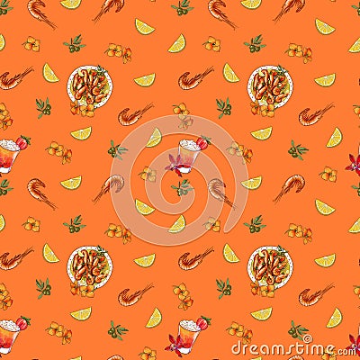 Orange bright colorfull food pattern with shrimps lemon flowers olives Stock Photo