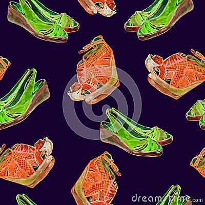 Orange bright neon color leather wedge shoes and green slingbacks shoes, seamless pattern on dark blue background Cartoon Illustration