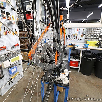 broken bike in the repair shop for bicycles Stock Photo