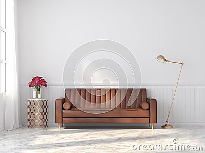 Orange-brown vintage leather sofa in a classic white room 3d render Stock Photo