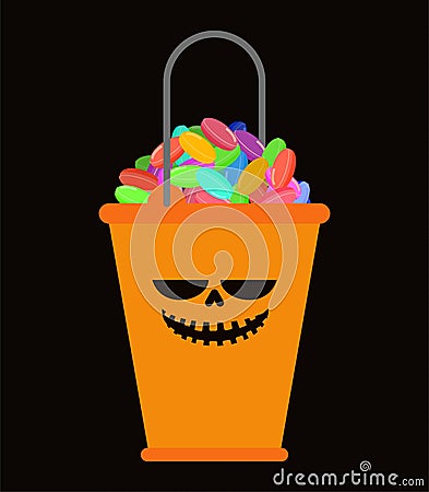 Orange Bucket candy for Halloween isolated. Traditional sweets f Vector Illustration