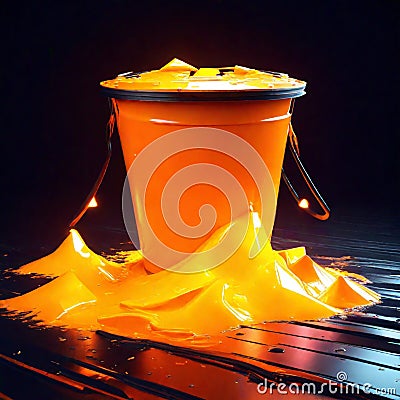 Orange bucket with yellow paint on a black background. 3d rendering AI Generated Stock Photo