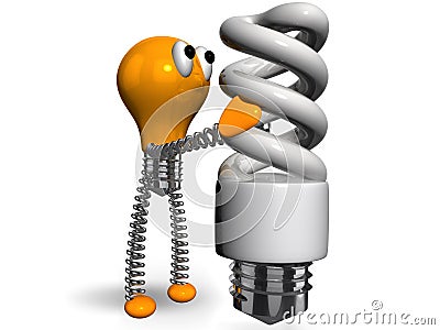 Orange bulb holding white energy saving bulb Stock Photo
