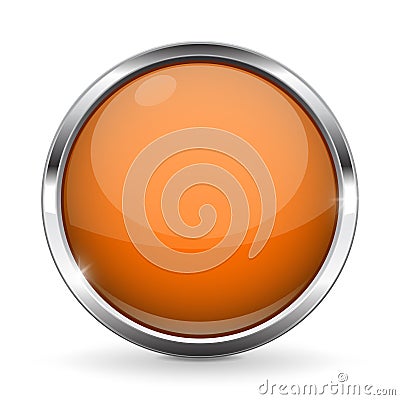 Orange button with chrome frame. Round glass shiny 3d icon Vector Illustration