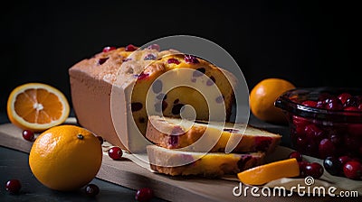 Orange cake with cranberries and oranges on a wooden board on a black background Stock Photo