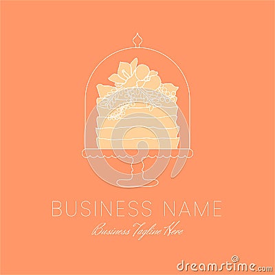 Orange Cake Outline Logo for Bakery in Clean Style with Flowers Vector Illustration