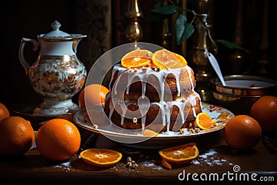 Orange cake with tangerines and icing, sugar cream over the top. Generative AI Cartoon Illustration