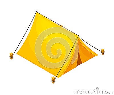 Orange Camping Tent Attached to Wooden Poles and Supporting by Rope Isometric Vector Illustration Vector Illustration